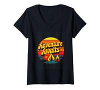 Women's Adventure Awaits Retro Camping Tent Campfire V-Neck T-Shirt