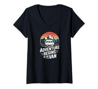 Women's Adventure Begins in The Van Camper Mountain Sunset V-Neck T-Shirt
