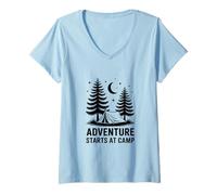 Womens Adventure Starts at Camp Wilderness Camping V-Neck T-Shirt
