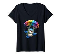 Women's Adventurous Bird Parachute Design - Cute Flying Paradox Art V-Neck T-Shirt
