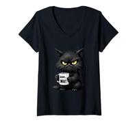 Women's Ähm Nö, Funny Black Cat Angry with Cup of Coffee V-Neck T-Shirt