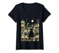 Womens Aesthetic Black Cat Book Library Vintage Cactus Tropical V-Neck T-Shirt