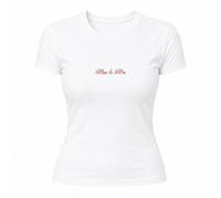 Womens Aesthetic Bride Baby Tee - Medium - Fitted White Cotton Miss to Mrs Statement Crop with Red Slogan Print - Trendy Hen Do Bridal Bachelorette Photo Signature Outfit
