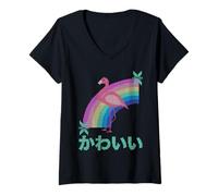 Womens Aesthetic Flamingo and Pastel Rainbow Ugly Christmas Kawaii V-Neck T-Shirt