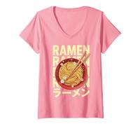 Womens Aesthetic Japanese Ramen Noodle Bowl with Sakura Anime Style V-Neck T-Shirt