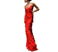 Women's Aesthetic Long Dress Spaghetti Straps High Split Long Dress Mesh Tassels Long Evening Dress Cocktail Party Dresses, F-red, M