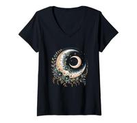 Womens Aesthetic Mystic Sun and Moon Woman Flowers Astrology V-Neck T-Shirt