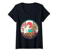 Women's Aesthetic Retro LoFi Cat Window Ukiyo-e Art V-Neck T-Shirt
