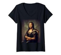 Womens Aesthetic Saying La Reine The Queen Modern Mona Lisa Art V-Neck T-Shirt