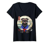 Women's Affenpinscher Samurai Japanese Dog Kyosai Design V-Neck T-Shirt