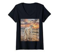 Women's Afghan Hound Beach Sunset Dog Artwork V-Neck T-Shirt