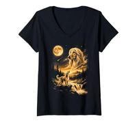 Women's Afghan Hound Howling to The Moon V-Neck T-Shirt