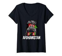 Womens Afghanistan Girl Messy Hair Bun Afghan Girls V-Neck T-Shirt