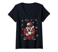 Womens African American Santa Christmas Pajama Cool Black V-Neck T-Shirt