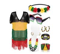 Womens African Attire Set Jamaican Swimwear Cover Ups African Beach Outfits Juneteenth Crochet Dress Rasta Swimsuits Flower Crown Necklace Earrings Bracelet Square Sunglasses, Multicoloured Tassels