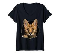 Women's African Serval Breaking Through Torn Hole Wild Cat Graphic V-Neck T-Shirt