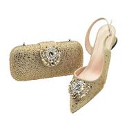 Women's African Shoes and Matching Bag Set Rhinestone Decorated Heeled Pumps Nigerian Wedding and Party Gold