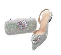 Women's African Shoes and Matching Bag Set Rhinestone Decorated Heeled Pumps Nigerian Wedding and Party Silver