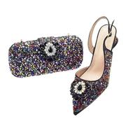 Women's African Shoes and Matching Bag Set Rhinestone Decorated Heeled Pumps Nigerian Wedding and Party Black