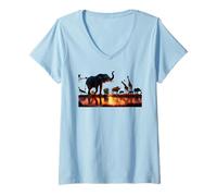 Womens African Sunset with Elephants, Giraffes and Rhinos V-Neck T-Shirt