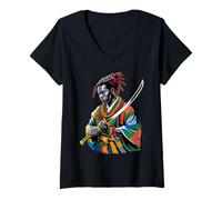 Womens Afro American Samurai Anime Cartoon japanese bushido warrior V-Neck T-Shirt