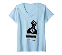 Women's Afro Pick Raised Fist Peace Sign Black Pride Symbol V-Neck T-Shirt