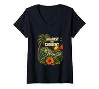 Women's Against The Current Surf Skeleton Swimming Beach Humor V-Neck T-Shirt
