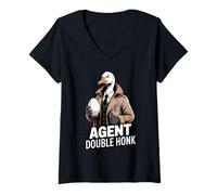 Womens Agent Double Honk Funny Spy Detective Goose V-Neck T-Shirt