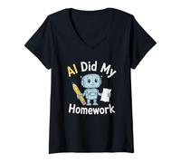 Womens AI Did My Homework Funny Robot Student Tech Humor Graphic V-Neck T-Shirt