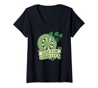 Women's Aim for Good Luck Irish Shamrock Dartboard St Patricks Day V-Neck T-Shirt