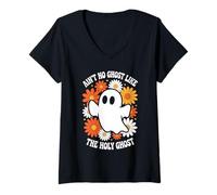 Womens Ain't No Ghost Like Ghost Christian Floral Ghost Halloween V-Neck T-Shirt