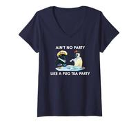 Women's Ain't No Party Like A Pug Tea Party Adorable Graphic Tee V-Neck T-Shirt