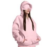 Womens Airplane Hoodie with Eye Mask Built In Oversized Travel Hoodies Secret Pockets Pullover Buttons Henley Hooded Sweatshirt Fall Winter Thermal Fleece Jackets Tops UK Size XL Pink