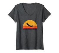 Women's Airplane Pilot Flight Attendant Jet Airliner Prop Plane Fly V-Neck T-Shirt, Dark Heather Grey, Small