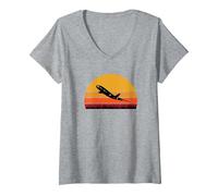 Women's Airplane Pilot Flight Attendant Jet Airliner Prop Plane Fly V-Neck T-Shirt, Heather Grey, Small
