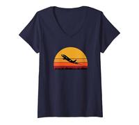 Women's Airplane Pilot Flight Attendant Jet Airliner Prop Plane Fly V-Neck T-Shirt, Navy Blue, Small