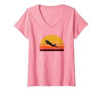 Women's Airplane Pilot Flight Attendant Jet Airliner Prop Plane Fly V-Neck T-Shirt, Pink, Small