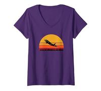 Women's Airplane Pilot Flight Attendant Jet Airliner Prop Plane Fly V-Neck T-Shirt, Purple, Small