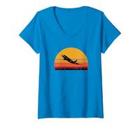 Women's Airplane Pilot Flight Attendant Jet Airliner Prop Plane Fly V-Neck T-Shirt, Sapphire Blue, Small