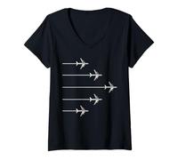 Women's Airplanes Planes Flying with Contrails Aviation Themed V-Neck T-Shirt