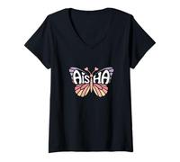 Womens Aisha Butterfly - Personalized Cute Name Word Art V-Neck T-Shirt