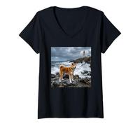 Women's Akita Coastal Cliff Lighthouse Ocean Storm Scene V-Neck T-Shirt
