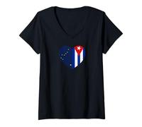Womens Alaska and Cuba Flags: Heart Shaped Unity V-Neck T-Shirt