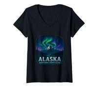 Womens Alaska Aurora Borealis Sky Watching Theme V-Neck T-Shirt