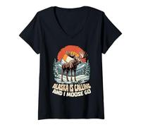 Women's Alaska is Calling and I Moose Go Retro Vintage Funny Alaska V-Neck T-Shirt