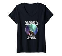 Womens Alaska is Calling,I Must Go Polar Light Grizzly Bear Gift V-Neck T-Shirt
