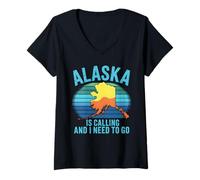 Womens Alaska is Calling Retro Sunset Map Travel Souvenir V-Neck T-Shirt