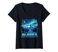Women's Alaska Lights Aurora Borealis Viewing Alaskan Vacation V-Neck T-Shirt
