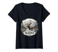 Women's Alaska Moose Elk Deer Love Alaska Mountains V-Neck T-Shirt