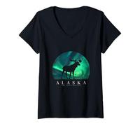 Women's Alaska Moose with Aurora Borealis V-Neck T-Shirt